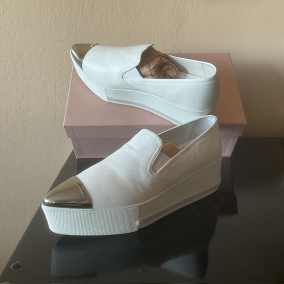 Miu Miu Prada New! ❤️ White Nappa Leather Metal Point Cap Platform Sneak… - Picture 5 of 16